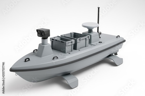 This autonomous boat features advanced sensors and modular cargo. It represents modern unmanned surface vessel technology.