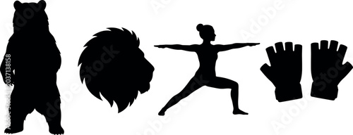 Tableau sur toile Silhouette collection featuring standing bear, lion head profile, yoga warrior p