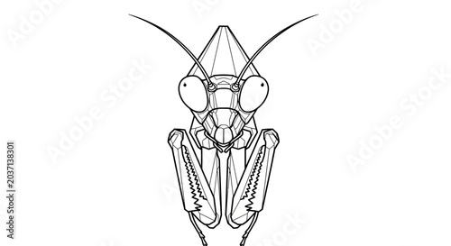 Bilde på lerret Praying Mantis Illustration - Close-up Front View, Line Art Insect Drawing