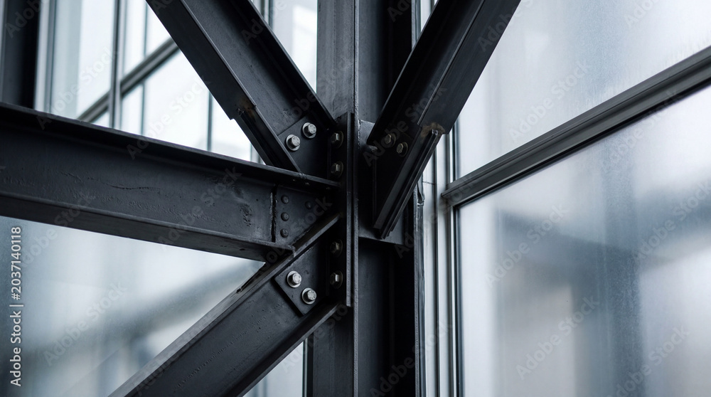 Naklejka premium Minimalist Architectural Details Intersecting Steel Beams And Frosted Glass Panels Geometric Abstract Construction Structure Design
