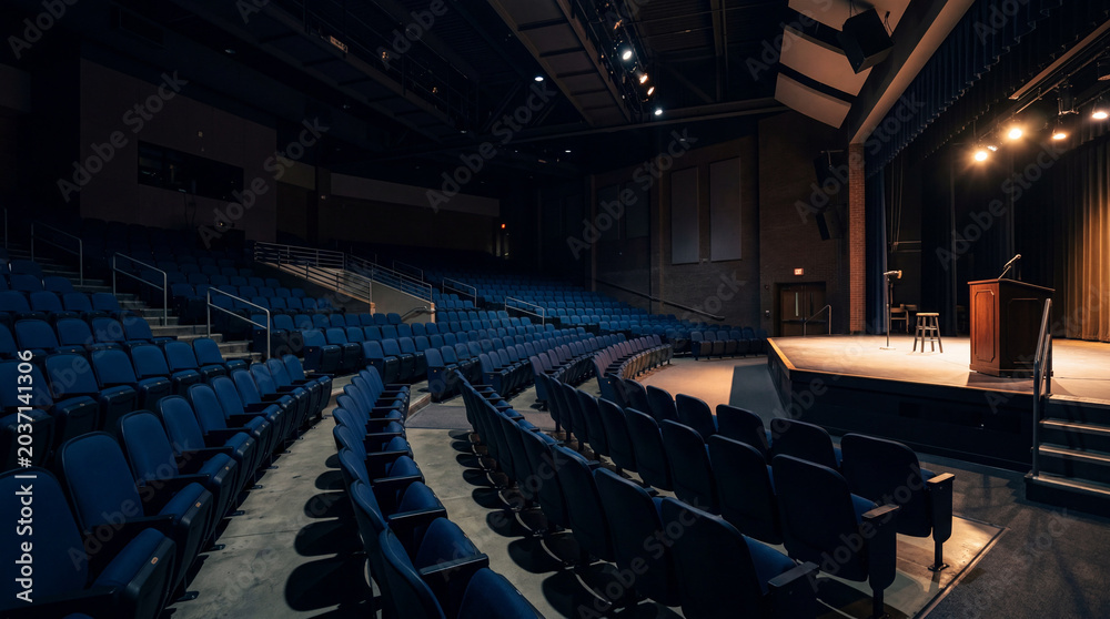Naklejka premium Late Night University Lecture Room Empty Interior With Stage Light On Casting Long Dramatic Shadows
