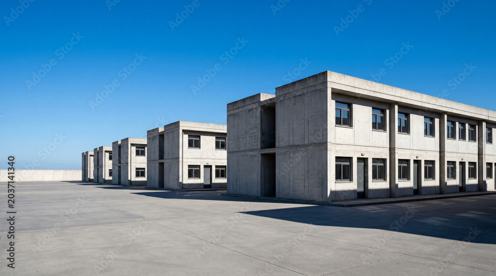 Naklejka premium Minimalist garrison city concrete barracks architecture under clear bright blue sky showing crisp geometric lines