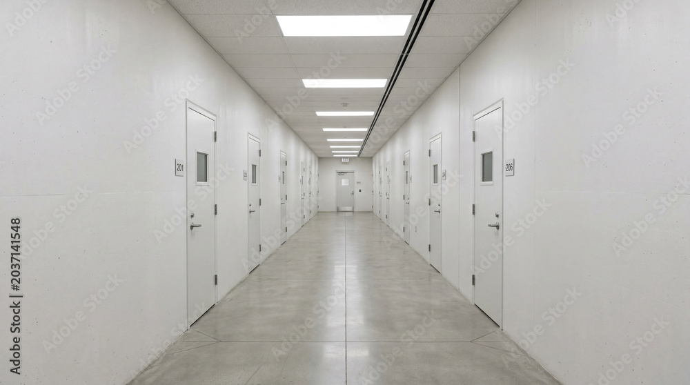 Fototapeta premium Clean white corridor in a military medical facility featuring a stark and sterile minimalist design.