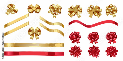 Foto Gold and red decorative ribbons and bows on a white background