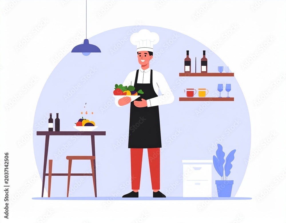 Fototapeta premium Cartoon illustration of a restaurant chef and waiter working together to serve a food tray to a business couple at a cafe table