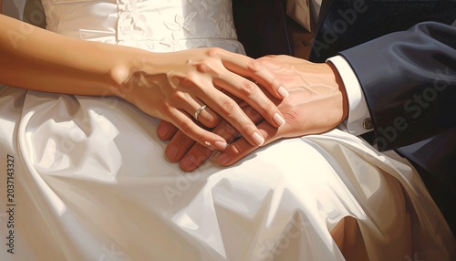 Close-up of a couple's hands clasped together, a ring visible on the bride's hand, against a white dress. A dark suit is seen
