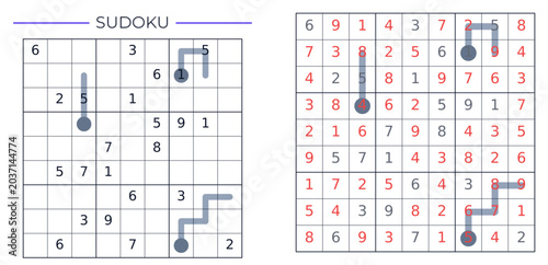 Classic 9x9 Thermometer Sudoku Puzzle Expert Level: Hard Thermo Logic Game Vector with Solution