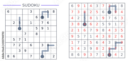 Classic 9x9 Thermometer Sudoku Puzzle Hard Level: Difficult Thermo Logic Game Vector with Solution