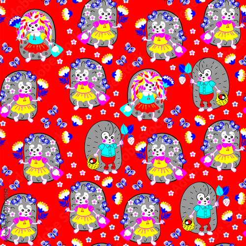Bright seamless pattern with funny hedgehogs on vibrant red background.