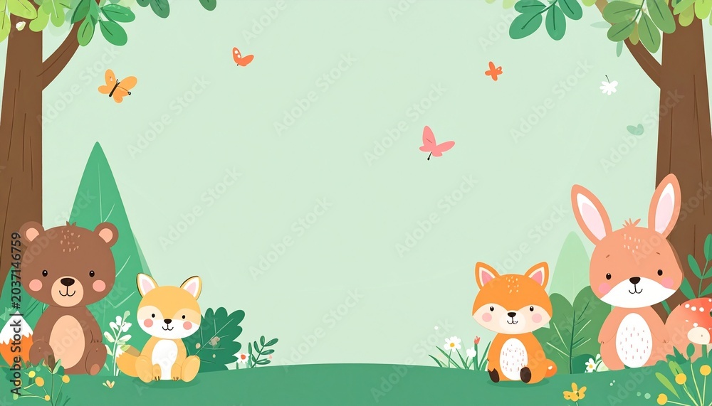 Naklejka premium Whimsical forest animals in a serene setting.