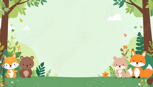 cute cartoon forest animals in green landscape.