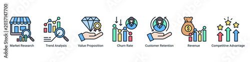 Foto Market Strategy web banner icon vector illustration with Market Research, Trend
