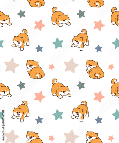 Seamless Pattern with Cartoon Shiba Inu Dog and Star Design on White Background. Hand Drawn Vector Illustration.