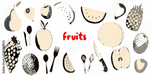 Konstfotografi Scattered Fruit Illustrations In Black And White Watercolor Style