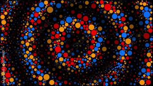 Retro dot art pattern – multi-size scattered circles in primary colors on black 