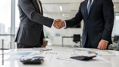Handshake photo of two businessmen celebrating a merger and acquisition win with documents and calculator