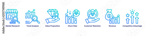 Photos Market Strategy web banner icon vector illustration with Market Research, Trend