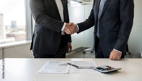 Business partnership closure image of two businessmen shaking hands above merger paperwork