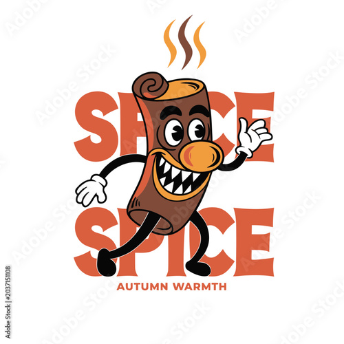 Vintage cartoon cinnamon stick mascot character walking with wide grin and steam rising featuring autumn warmth text on transparent background.