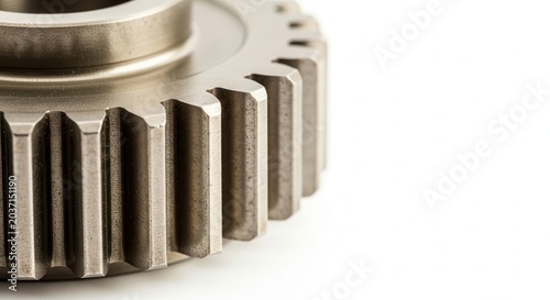 Close-up of a metal gear with teeth on a white background.