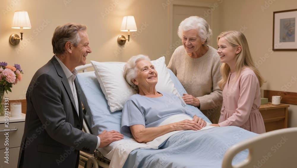 Obraz premium Happy Elderly Person in Hospital Surrounded by Family