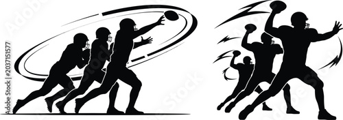 American football player passing motion silhouette sequence with football silhouette sequence