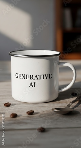 White mug with Generative AI text and coffee beans on wooden surface.