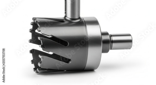 Close-up of a metal hole saw drill bit with sharp teeth on a white background.