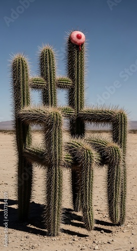 Unique cactus chair sculpture in desert landscape under blue sky.