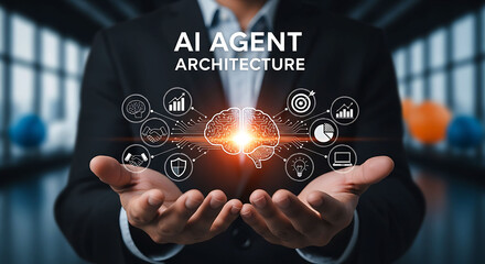 AI agent architecture concept with businessman holding digital brain network icon
