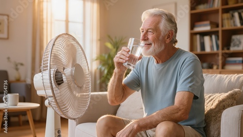 Elderly Person Cooling Down with Fan During Summer Heatwave
