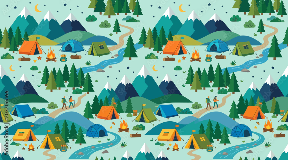 Fototapeta premium Flat vector camping seamless pattern, mountains, tents and campfires, colorful outdoor illustration