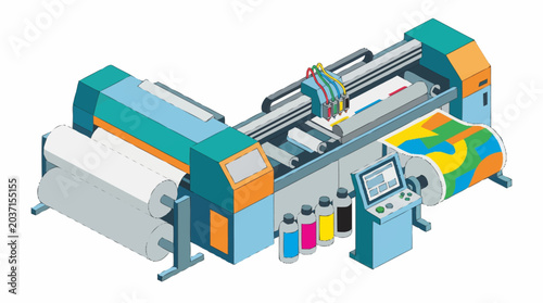 Tableau sur toile Modern industrial printing machine with colorful ink cartridges and digital control panel