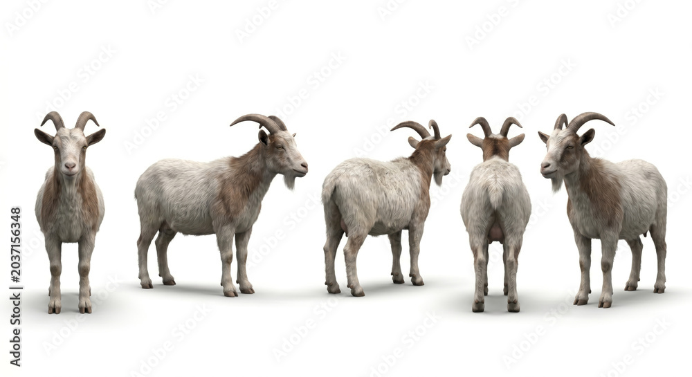 Fototapeta premium Goats are displayed in a comprehensive collection of multiple angles to showcase their full physical anatomy.