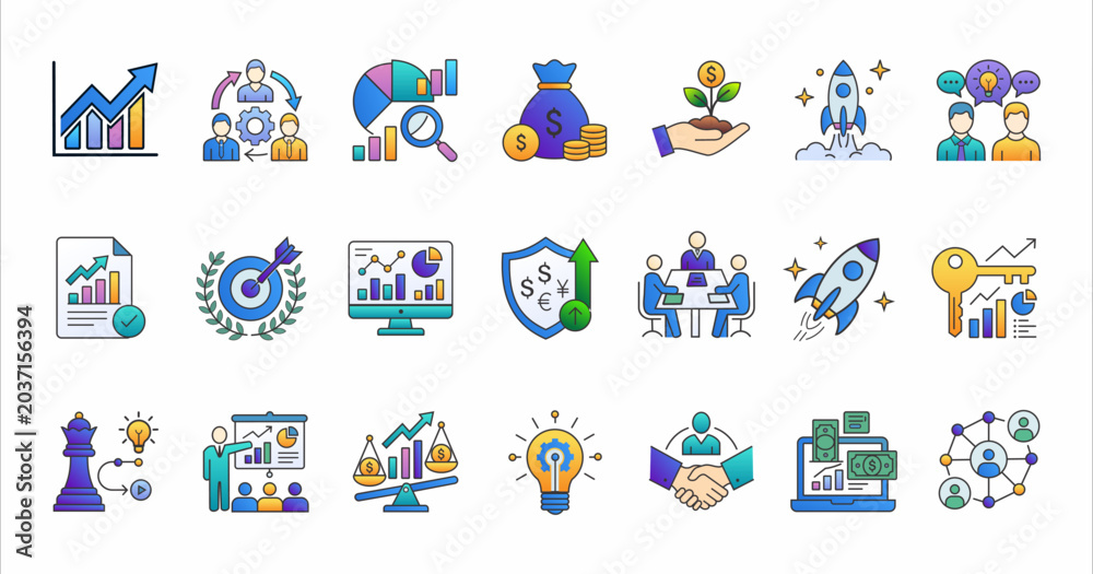 Fototapeta premium Business Finance and Startup Line Icons Set Vector Illustration
