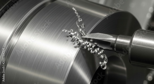 Close-up of a metal lathe in operation, creating metal shavings.