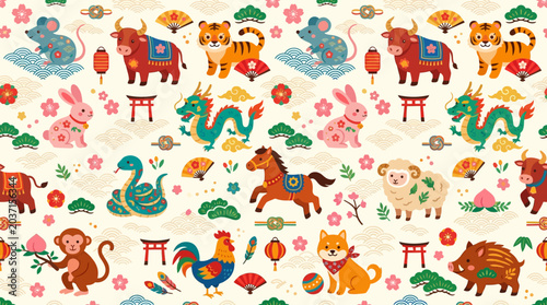 Photos Flat vector Japanese zodiac seamless pattern, cute animal symbols and oriental d