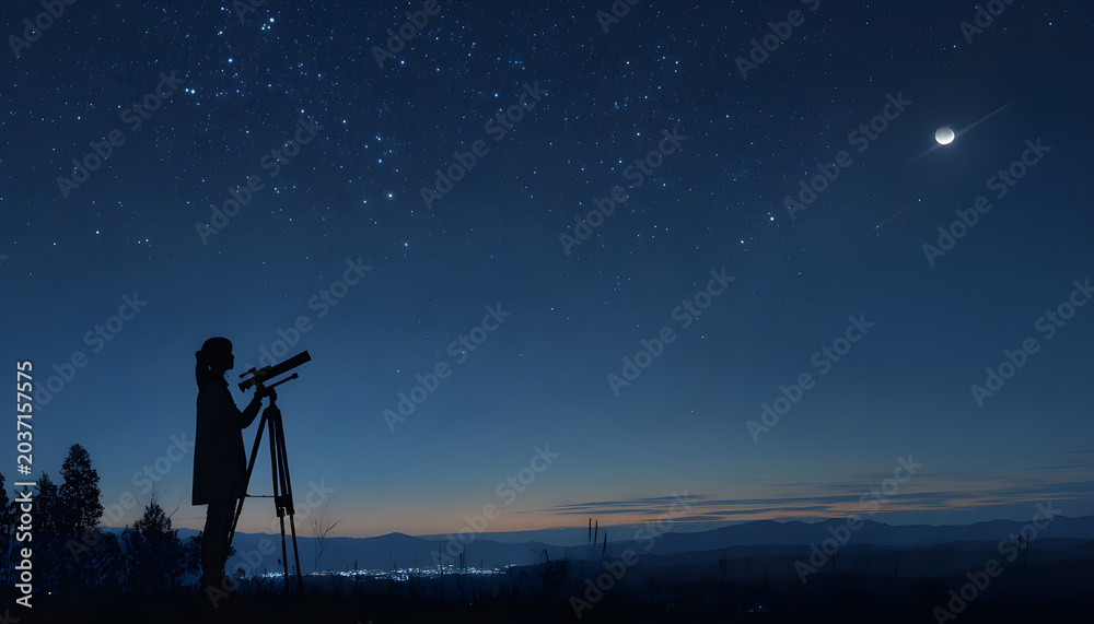 Obraz premium Woman observing stars, planets, Moon and other celestial objects.