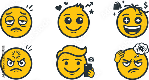 Tableau sur toile Set of diverse yellow flat emoji characters showing various emotions and digital