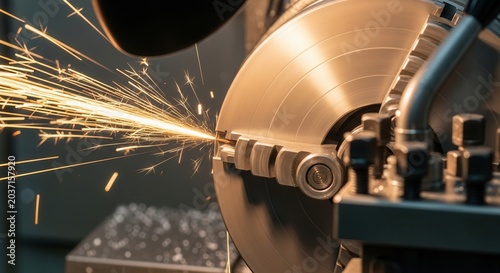 Close-up of a metal lathe in operation creating sparks during manufacturing process.