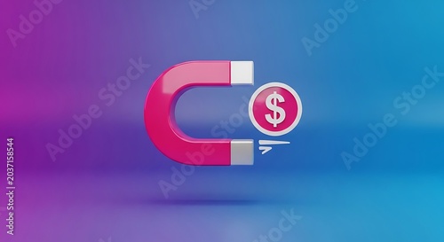 Pink horseshoe magnet attracting a dollar coin symbol