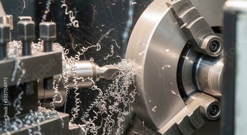 Close-up of a metal lathe in operation, cutting metal with precision and creating shavings.