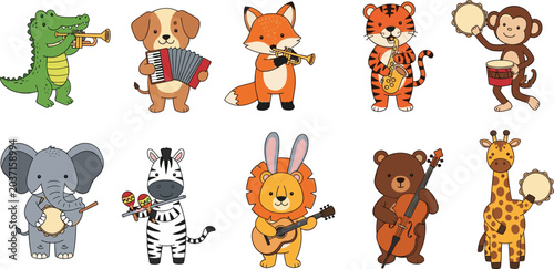 Canvas Print Cute animal musician vector illustration set with cartoon jungle characters play