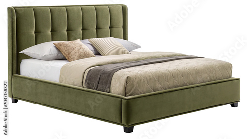 Foto Luxury modern double bed furniture with olive green headboard isolated on transp