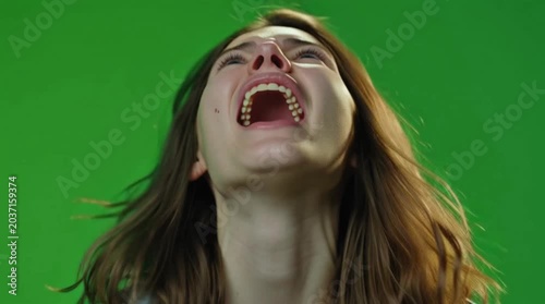 Shocked Young Woman Looking at Smartphone on Green Screen Reactions 4K
