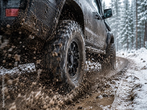 Black off road vehicle tire splashing mud and water on snowy forest track offroad