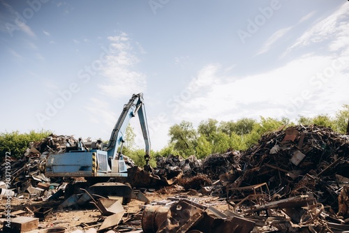 Tableau sur toile Excavator working on metal scrap recycling at junkyard