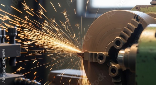 Close-up of a metal lathe in operation with bright sparks flying.