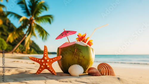 Coconut drink with umbrella and straw on a tropical beach, surrounded by seashells and a starfish, symbolizing a perfect summer vacation