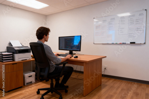 Man working on computer coding at desk in a modern office with whiteboard and printer